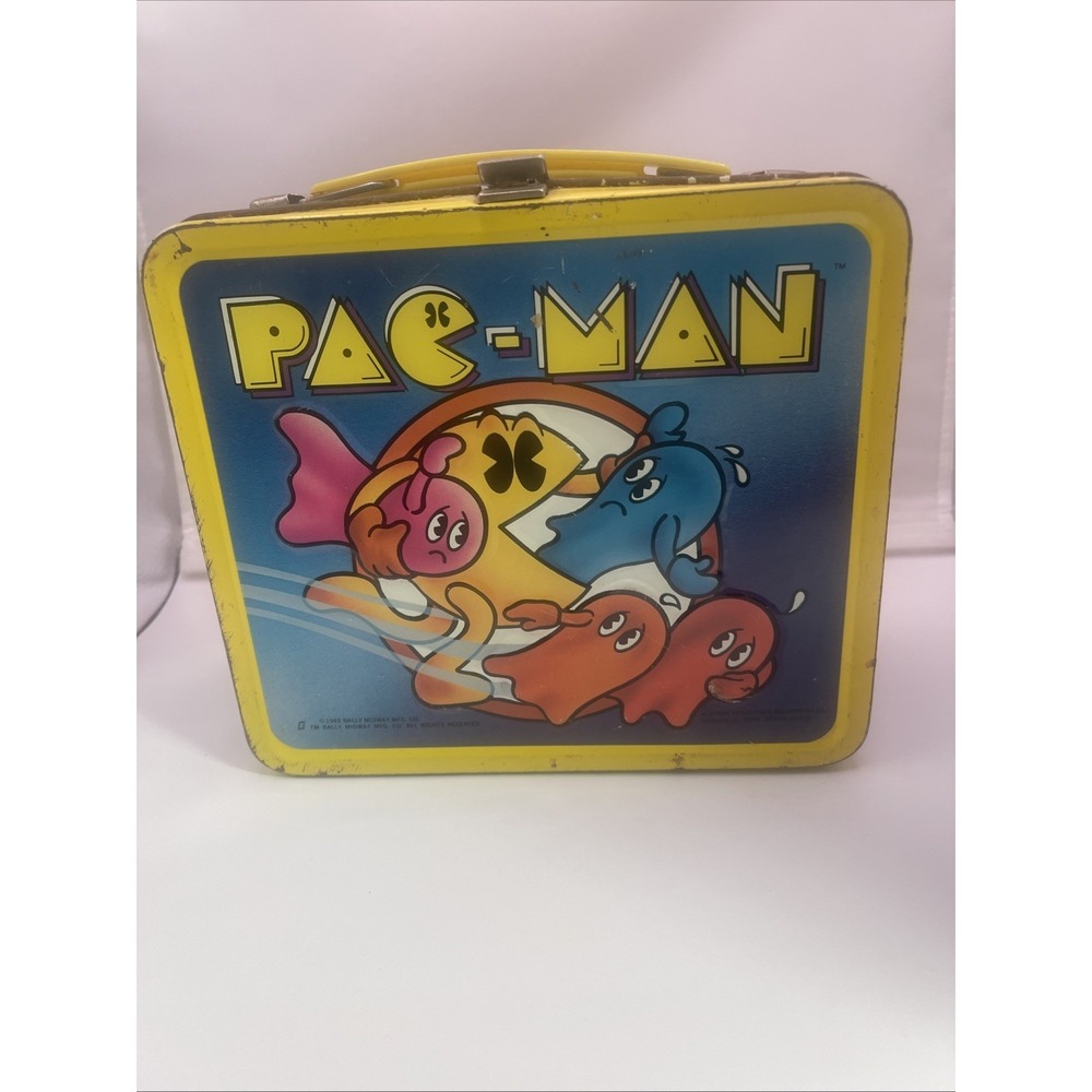 Vintage 1980 PAC-MAN Metal Lunchbox & Plastic Thermos Aladdin Lunch Box - NICE